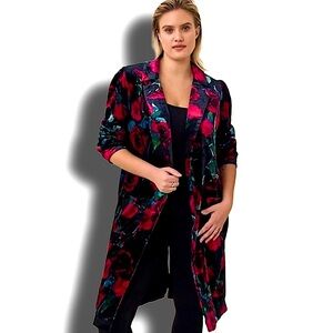 (H) NWT Torrid velvet floral longline blazer / cardi / duster black red green 0